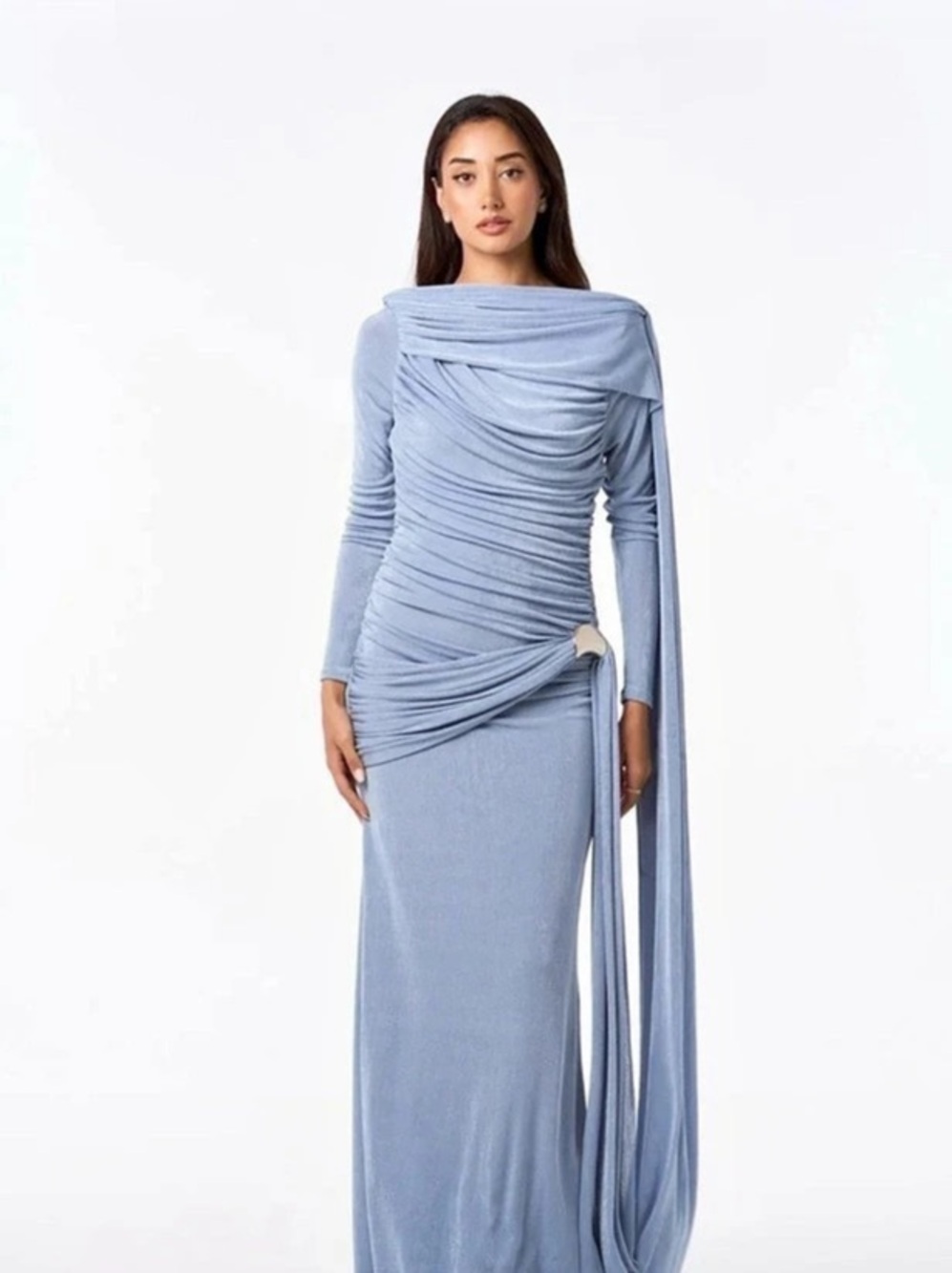 Ruched Draped Maxi Dress in Blue